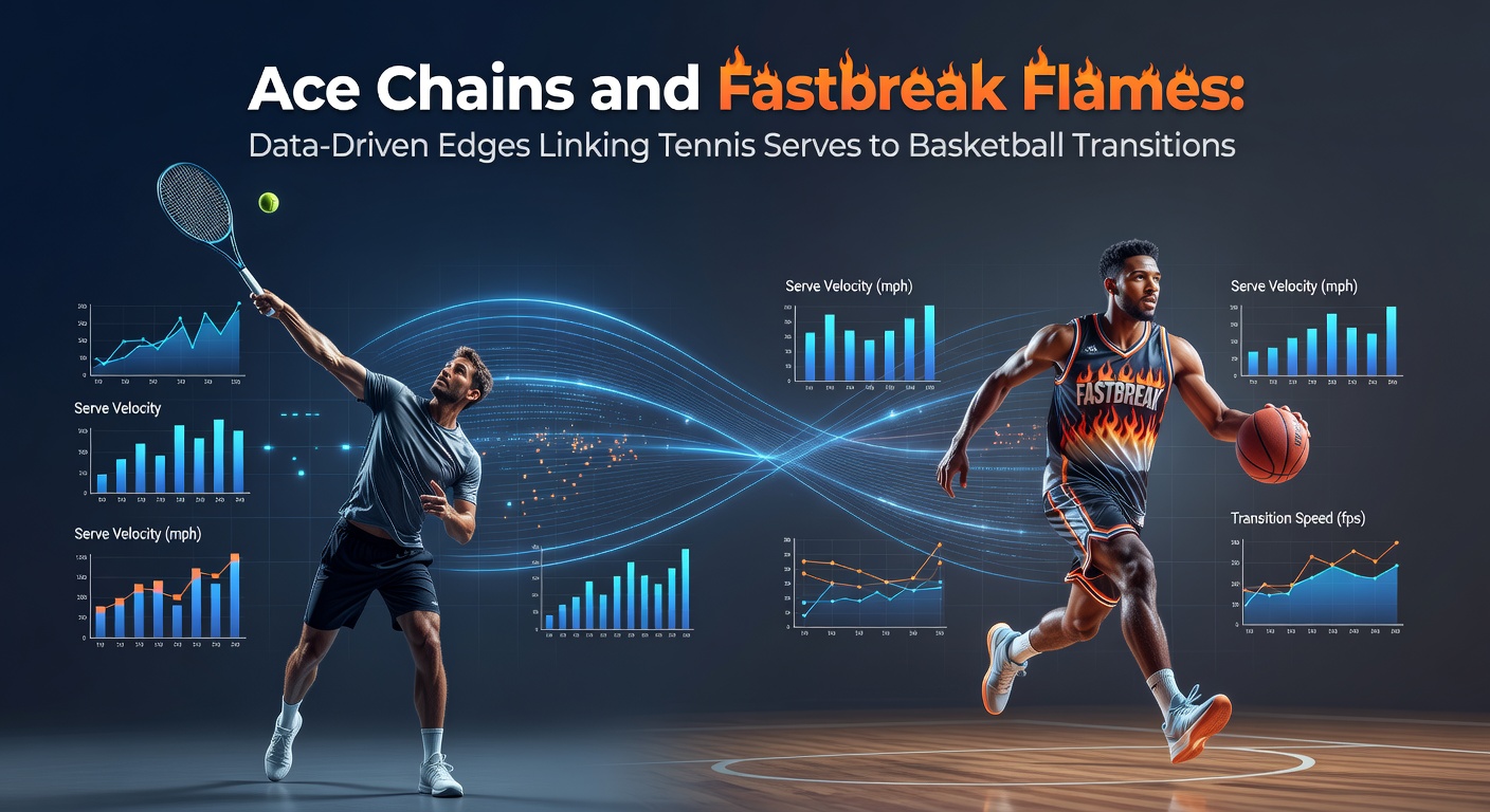 Tennis player serving an ace transitioning to a basketball fast break visualization, highlighting data overlays on momentum chains