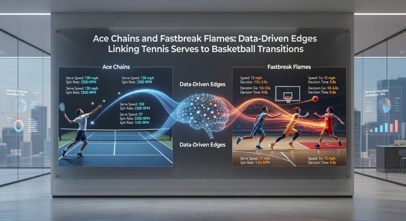 Dynamic split-image of a tennis ace serve chaining into a basketball fastbreak dunk, with overlaid statistical graphs showing probability edges