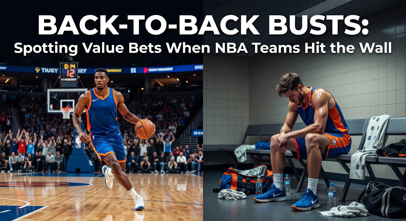 NBA players on the court during a grueling back-to-back game, sweat and fatigue visible as the clock winds down