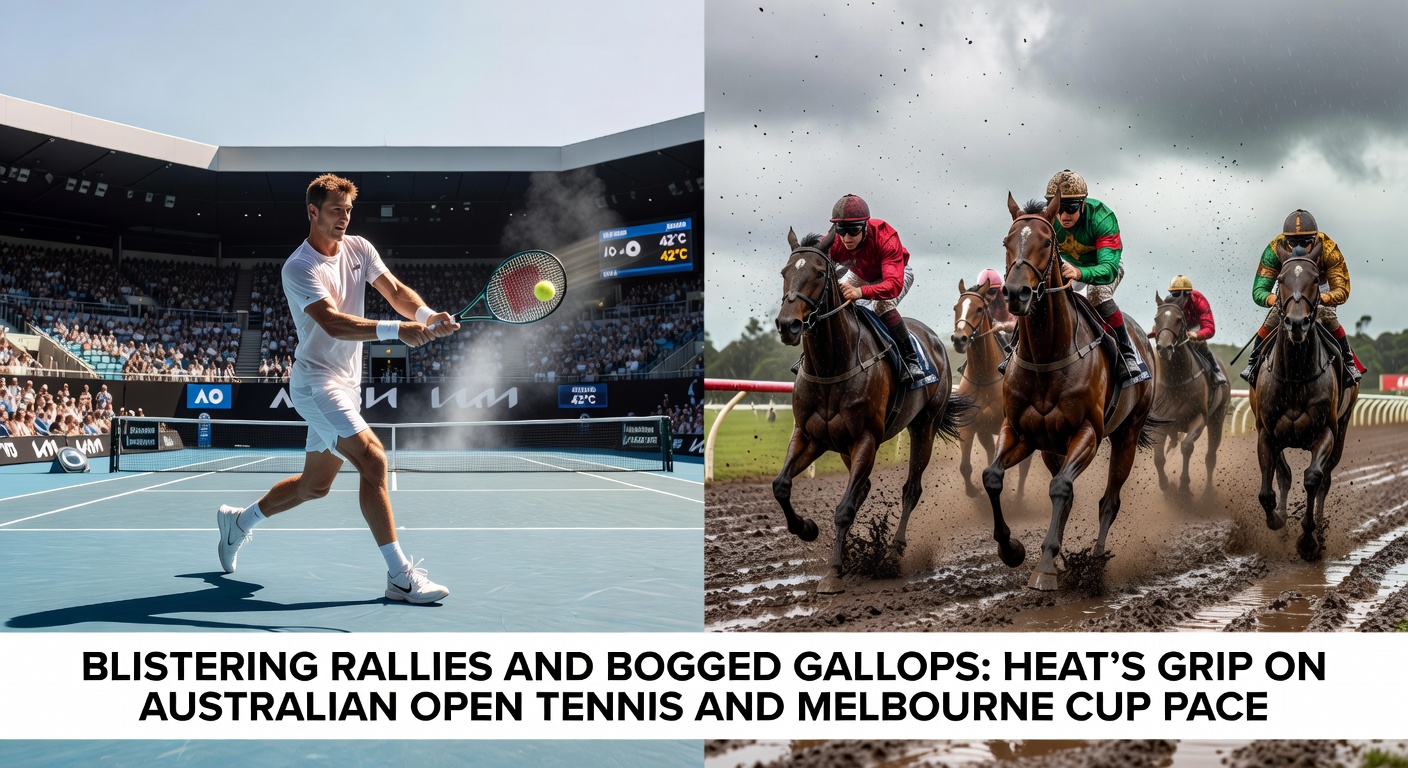 Horses thundering down Flemington's straight in the Melbourne Cup under a blazing Australian sun, tracks showing signs of heat stress