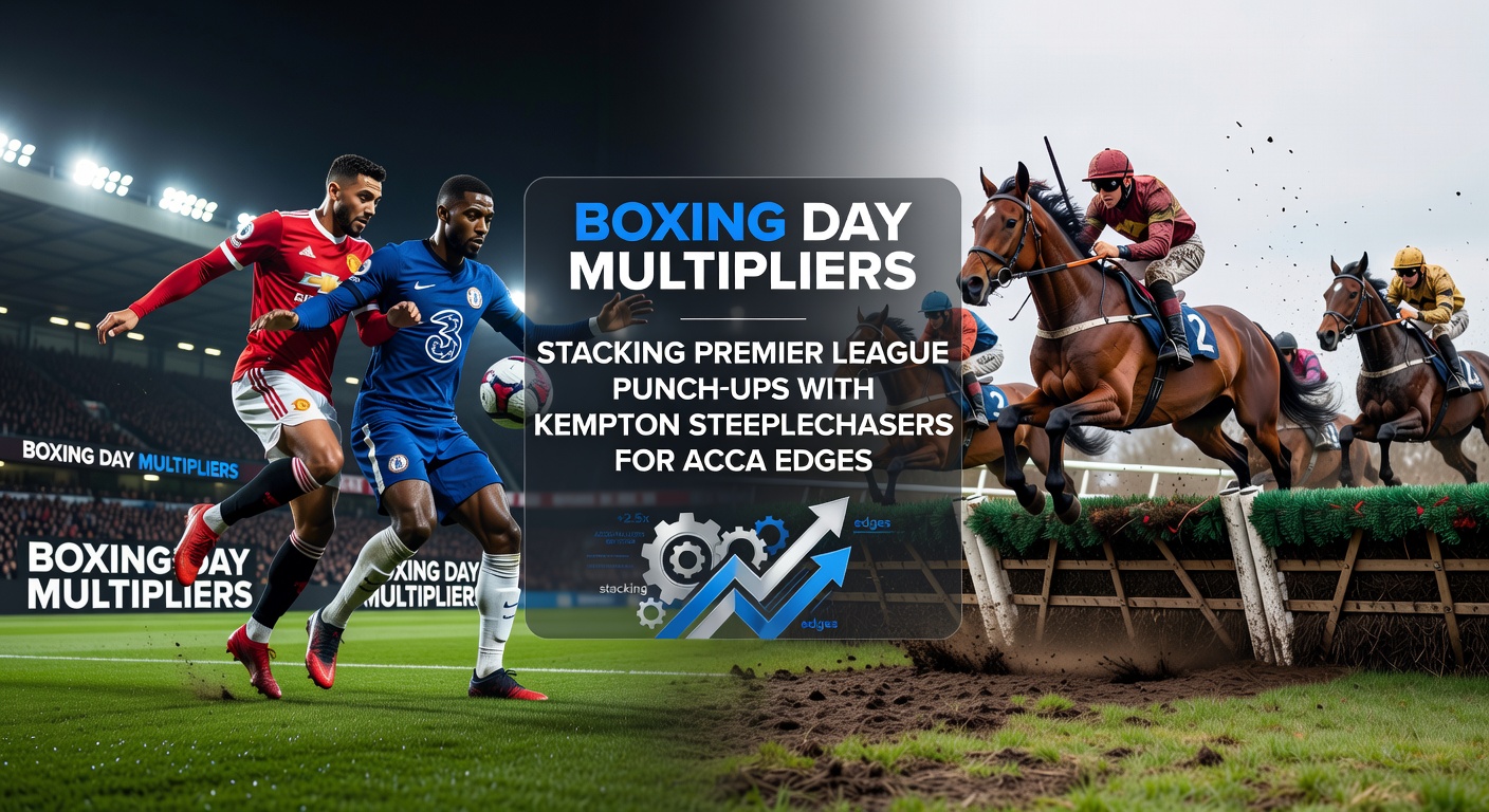 Vibrant Boxing Day scene blending Premier League stadium crowds with Kempton racecourse jumps under festive skies