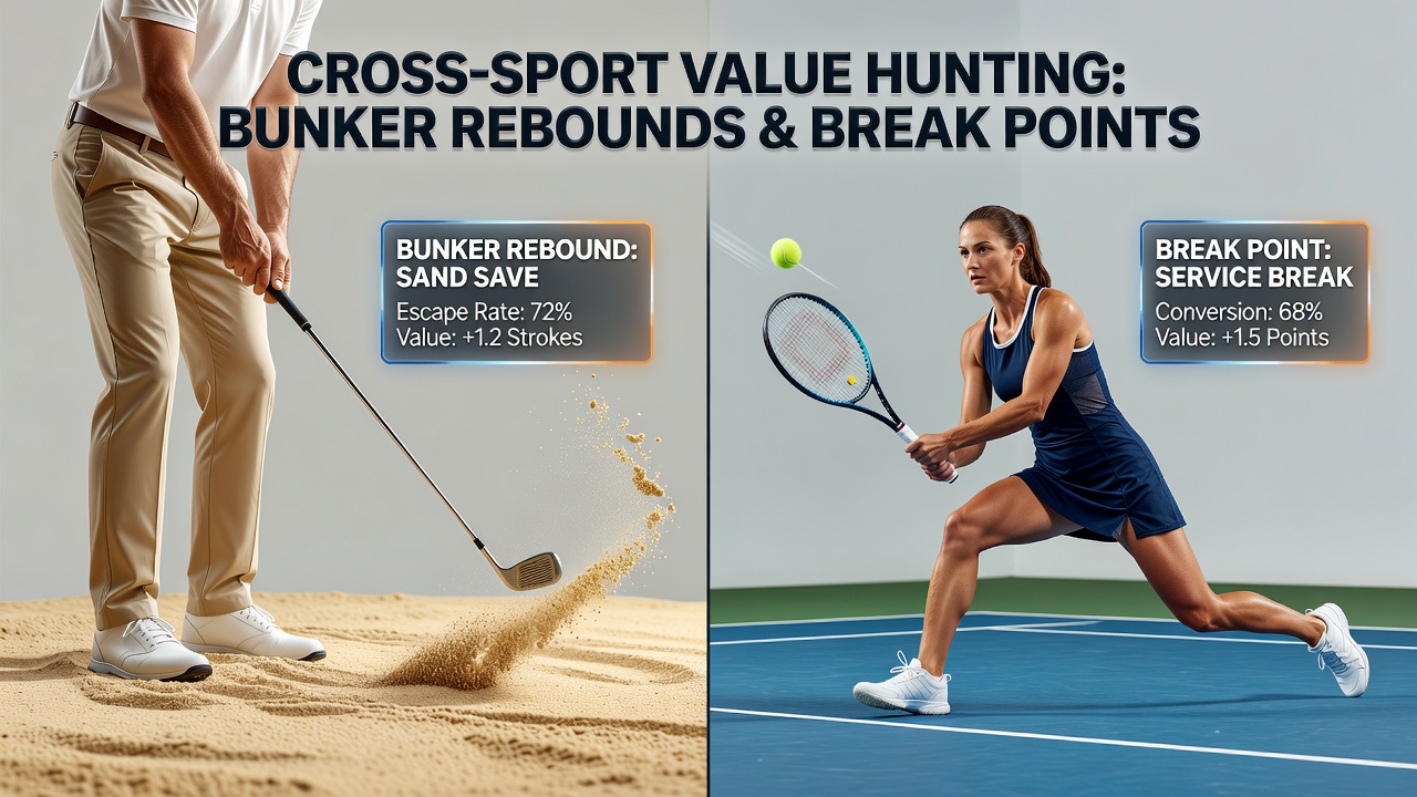 Tennis court service hold statistics overlay with golf course bunker recovery chart