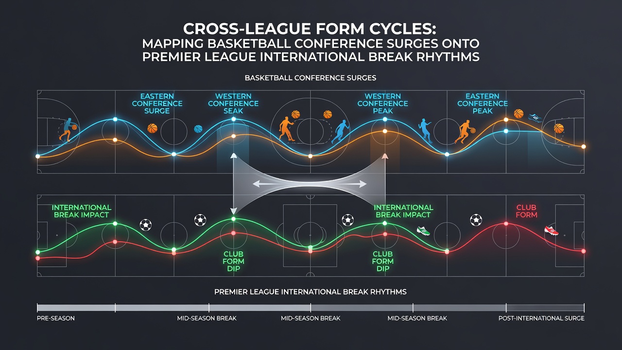 Timeline graphic illustrating overlap periods between NBA conference form peaks and Premier League international breaks
