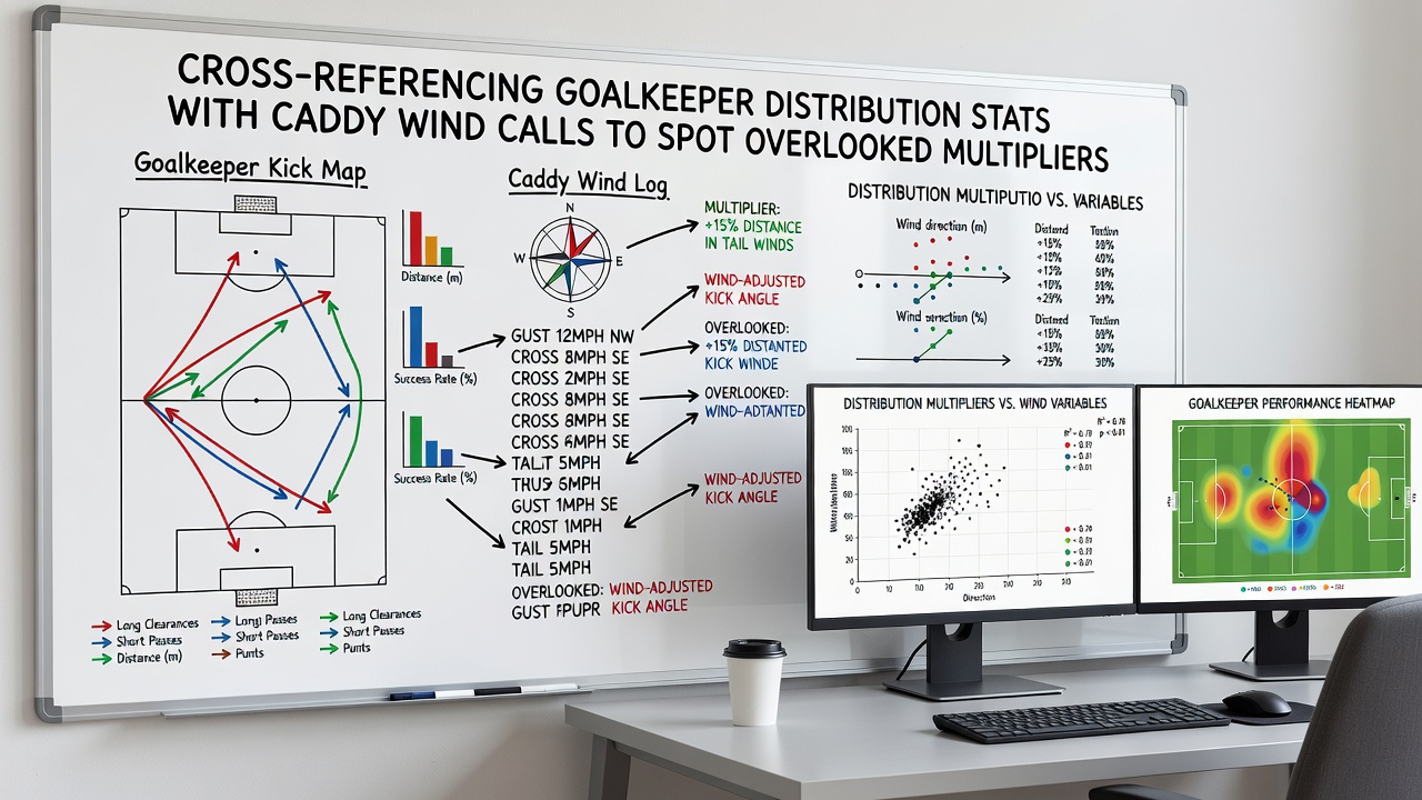 Split screen showing soccer goalkeeper statistics overlay and golf caddie wind chart on a tablet device