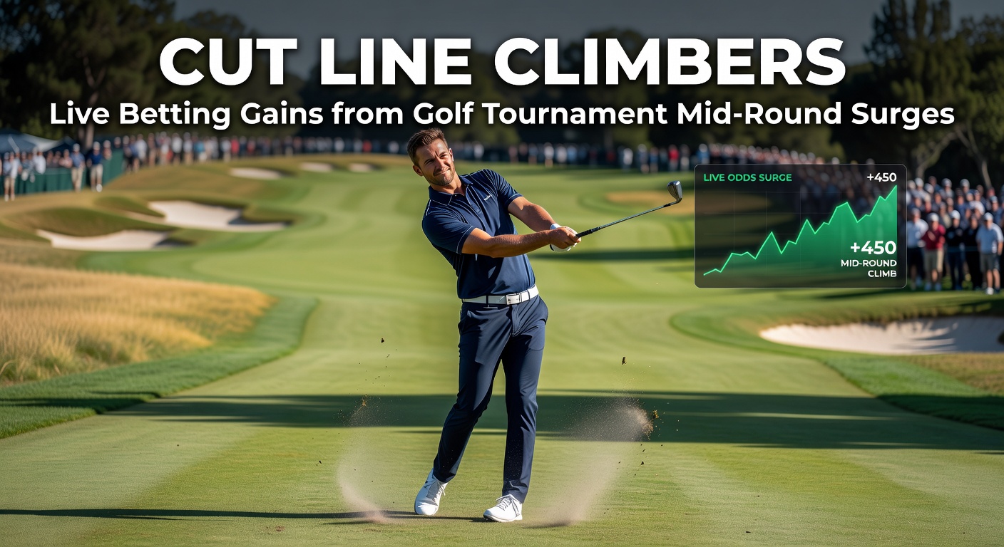 A golfer mid-swing on a sunlit fairway, leaderboard in the background showing a dramatic climb up the ranks during a tournament's second round