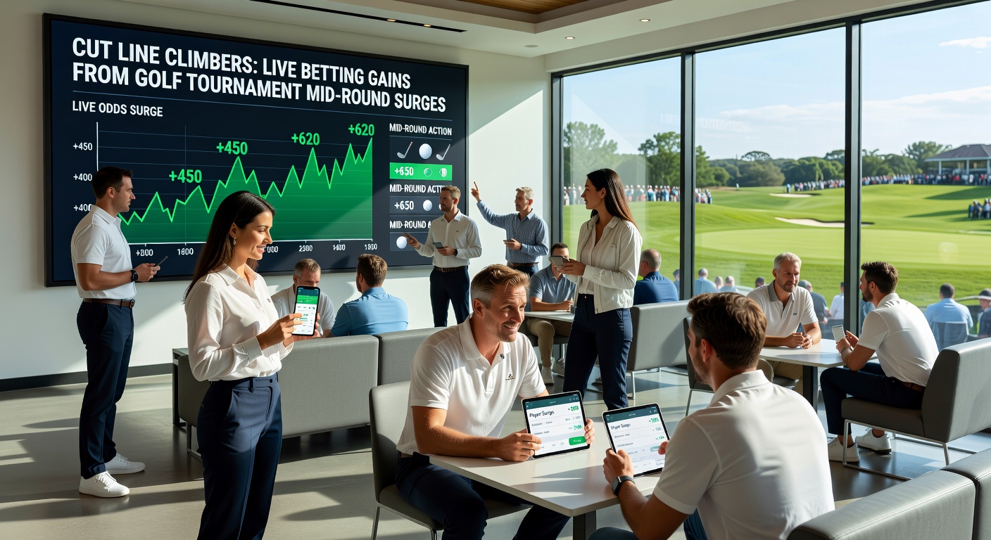 Live betting interface displaying shifting odds for a player climbing the cut line, with leaderboard overlay showing mid-round birdie streak