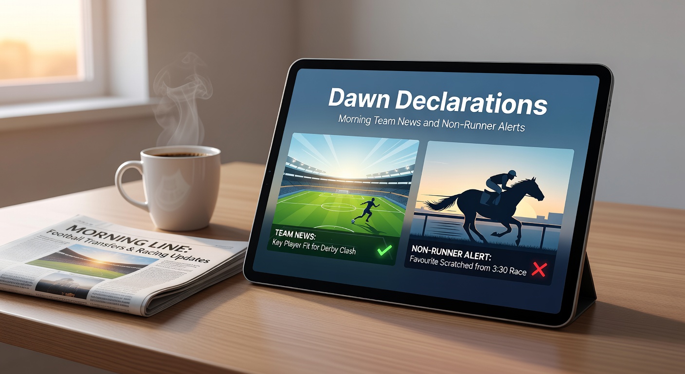 Early morning racecourse scene with jockeys preparing horses under dawn light, highlighting the critical timing of non-runner announcements in horse racing