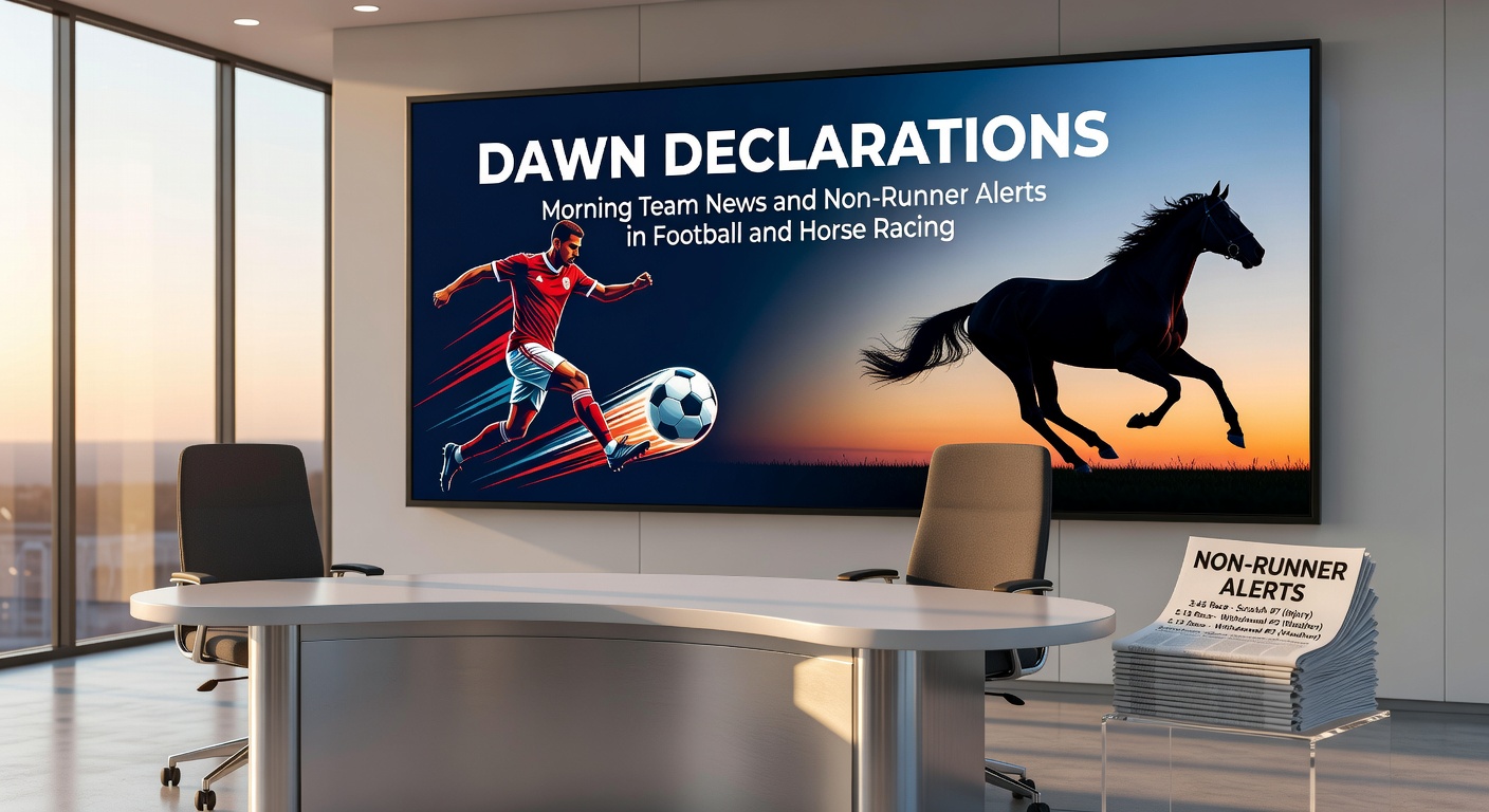 Football stadium at dawn with team bus arriving and digital boards displaying early lineup news, illustrating the impact of morning declarations on match betting