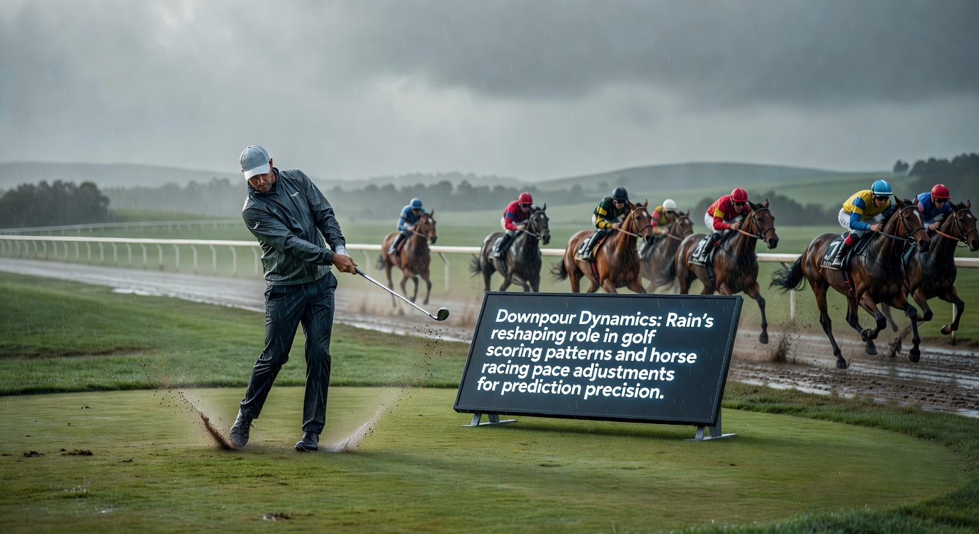 Golfers navigating a rain-soaked fairway during a tournament, with puddles reflecting the overcast sky and players adjusting their stances for wet conditions
