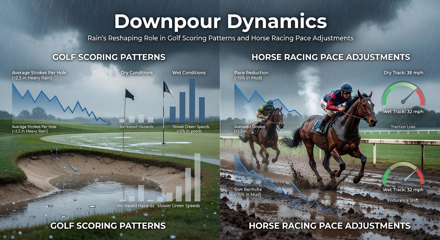 Horse racing field splashing through a heavy turf track under rain, jockeys urging pace adjustments as mud flies from hooves
