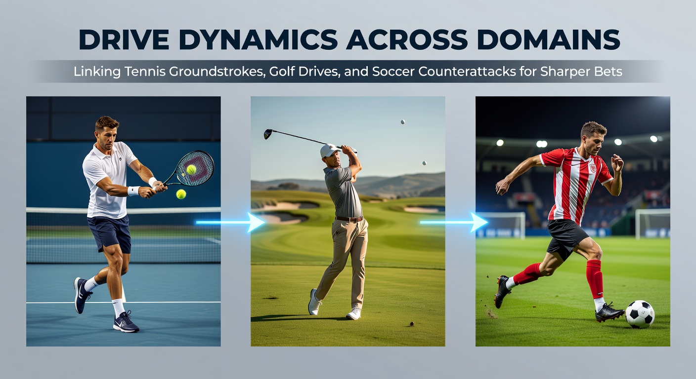 Dynamic action shot capturing a tennis player unleashing a powerful groundstroke, a golfer launching a long drive off the tee, and soccer players surging forward in a rapid counterattack