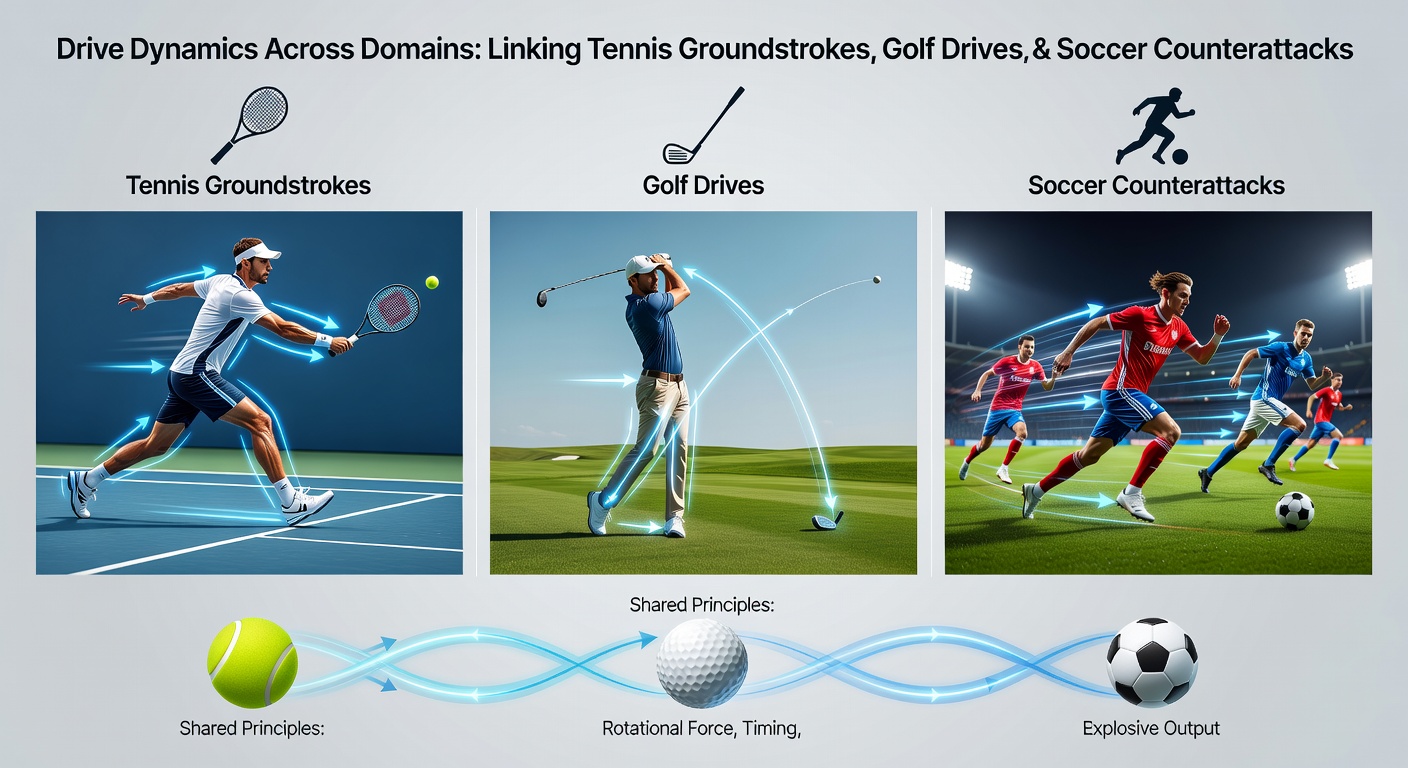 Close-up comparison of tennis groundstroke follow-through, golf drive impact at address, and soccer player accelerating on counterattack