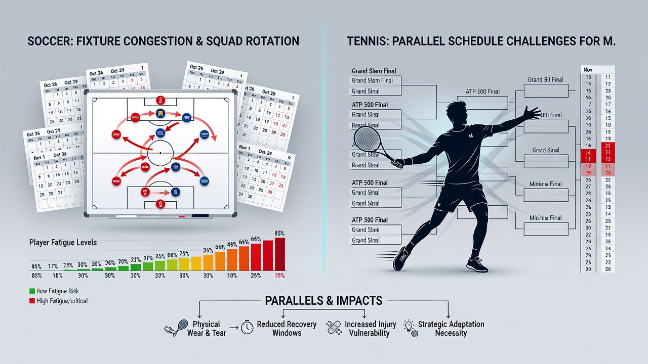 Tennis player competing in a back-to-back tournament schedule with visible fatigue indicators