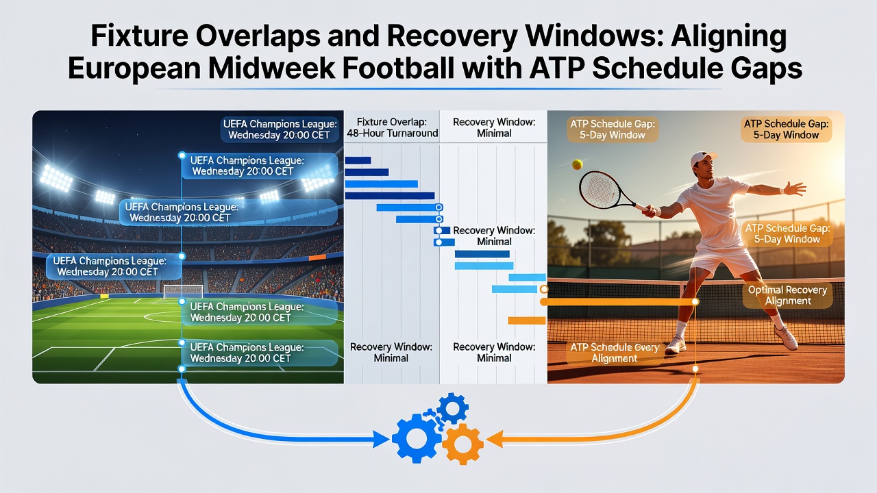 Split image showing football pitch and tennis court side by side with calendar overlay highlighting recovery windows