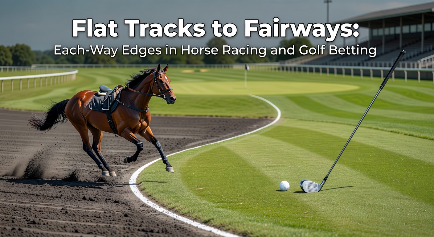 Vibrant flat racecourse scene transitioning to lush golf fairways, highlighting betting parallels