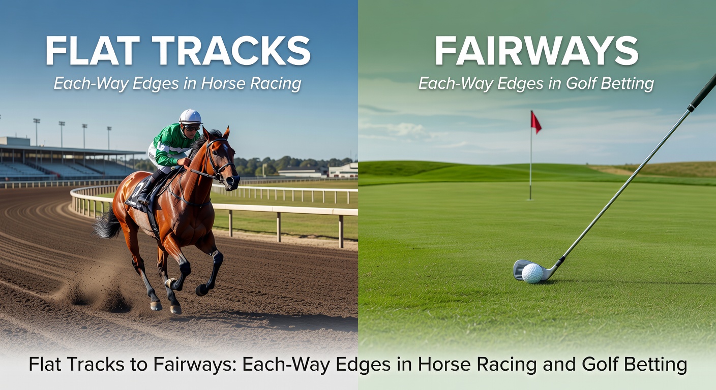 Golfer mid-swing on manicured fairway beside galloping racehorses, symbolizing betting synergy