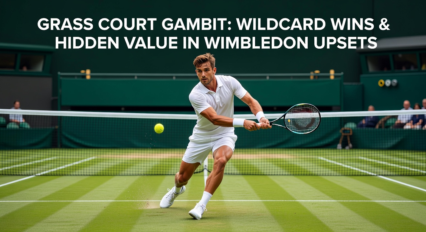 A dynamic Wimbledon match on grass courts showing a wildcard player serving intensely under sunny skies