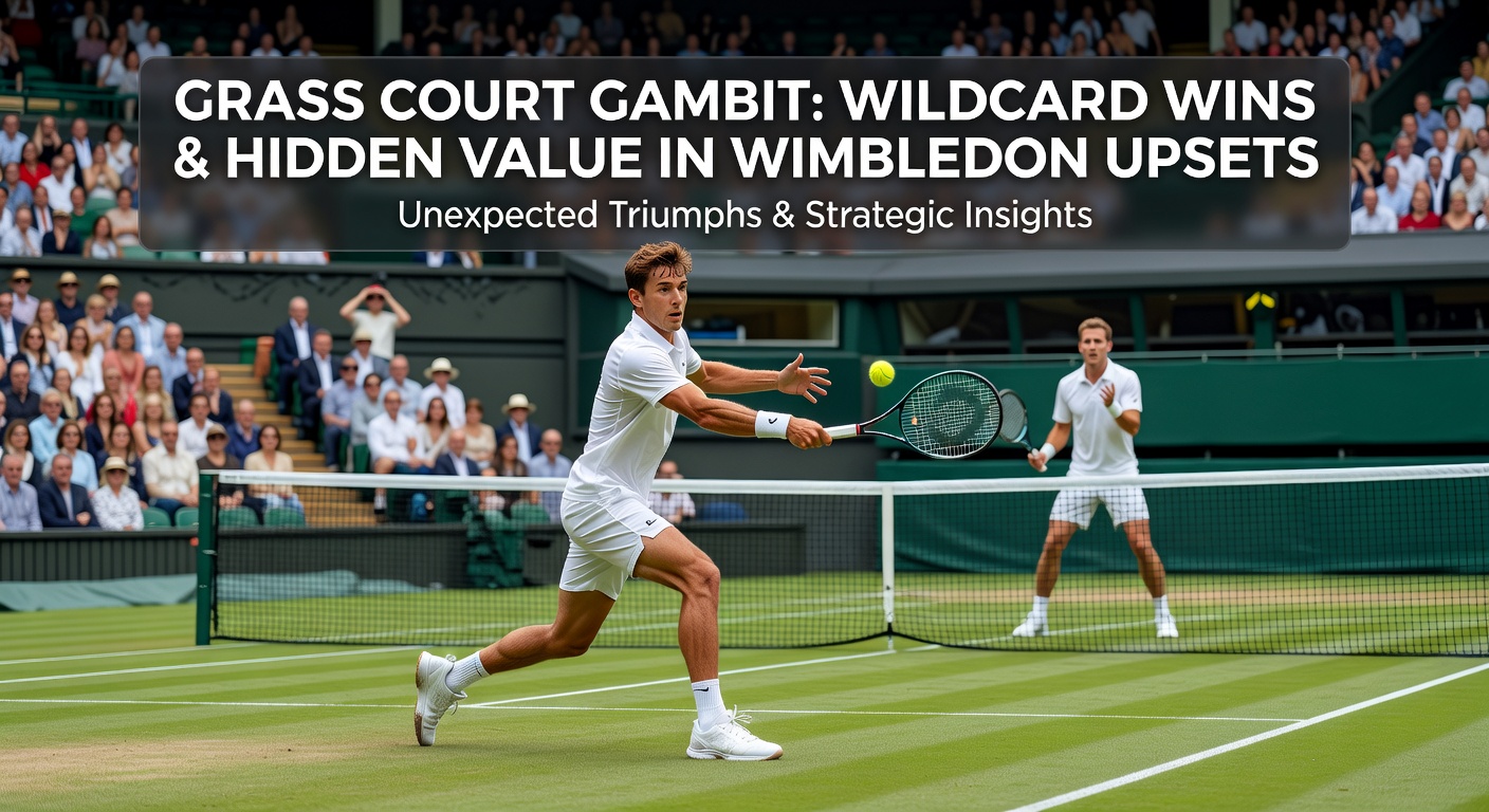 Close-up of a thrilling grass court upset at Wimbledon, with a lower-ranked player celebrating a break point conversion