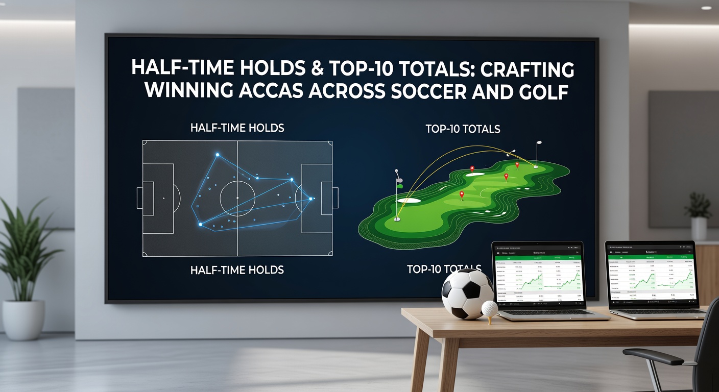 Soccer players celebrating a half-time lead transitioning to a golf leaderboard showing top-10 contenders