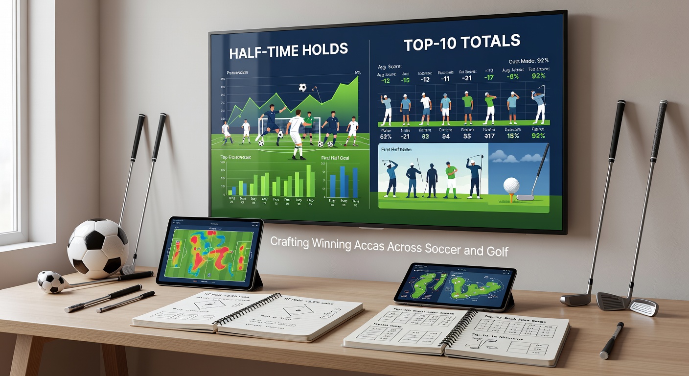 Golfers navigating a challenging fairway alongside soccer tactics board highlighting half-time strategies
