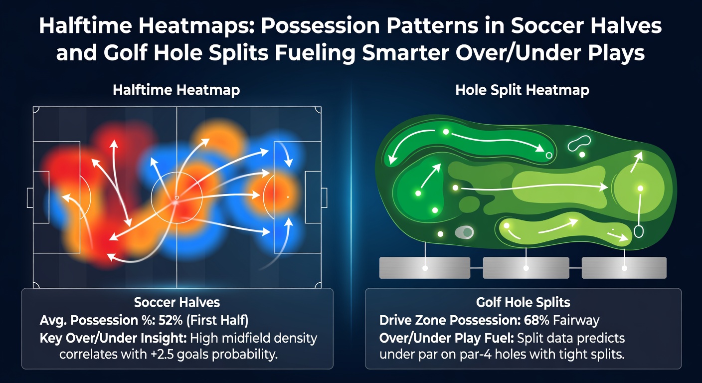 Colorful halftime heatmap overlay on a soccer pitch showing possession dominance shifting from midfield to attacking third in the second half