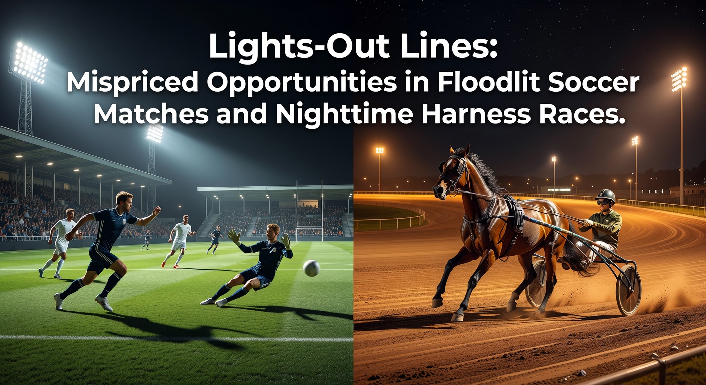 Floodlit soccer stadium buzzing under bright lights at night, with players in action and harness race track illuminated nearby
