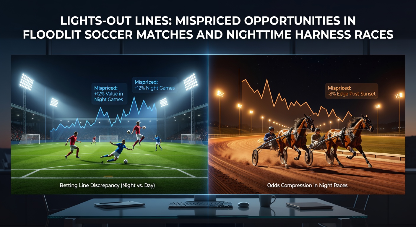 Nighttime harness racing action on a floodlit track, horses pulling sulkies at high speed with bright stadium lights overhead