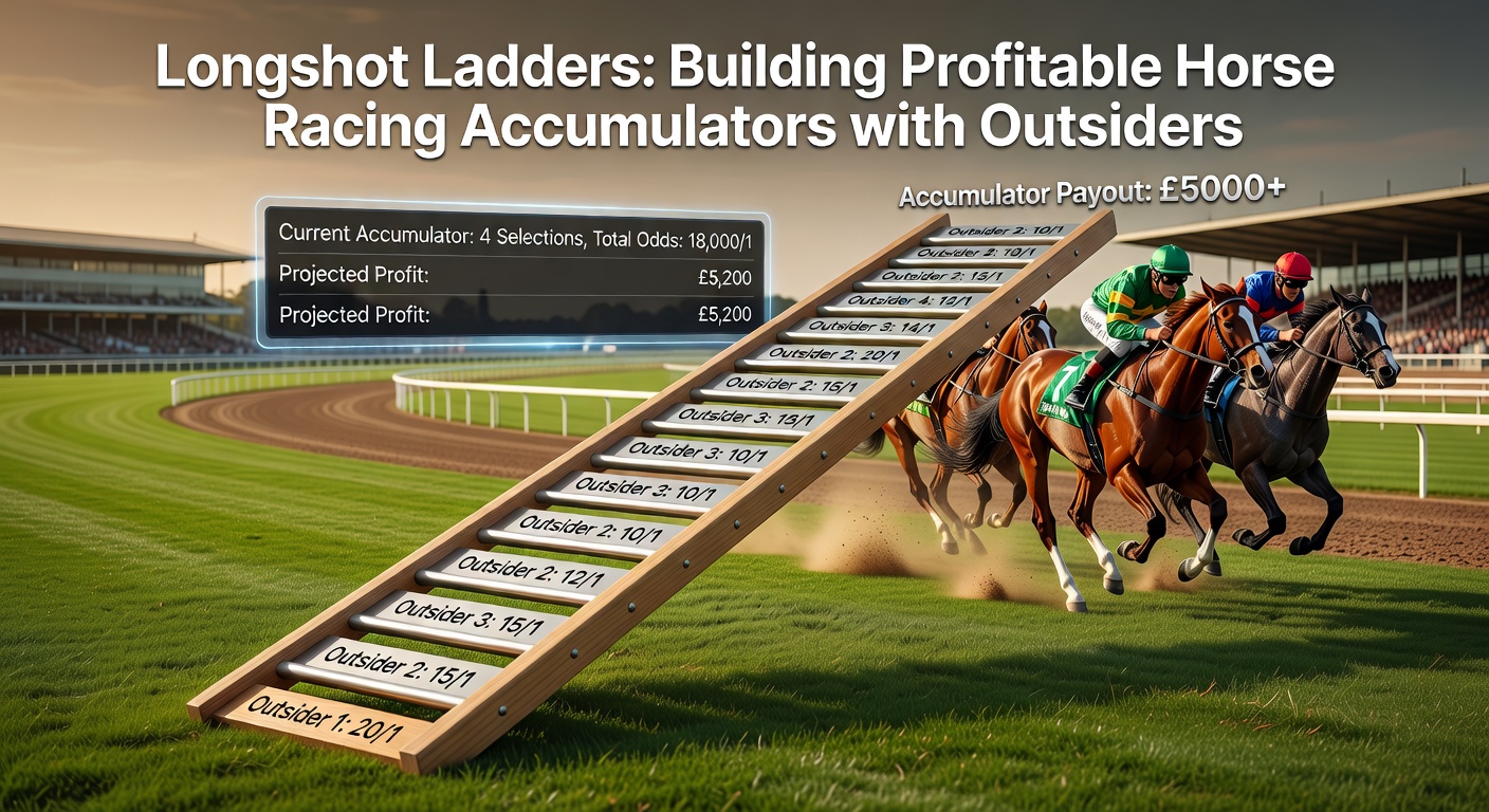Vibrant visualization of a horse racing accumulator ladder climbing with longshot horses at the top tiers