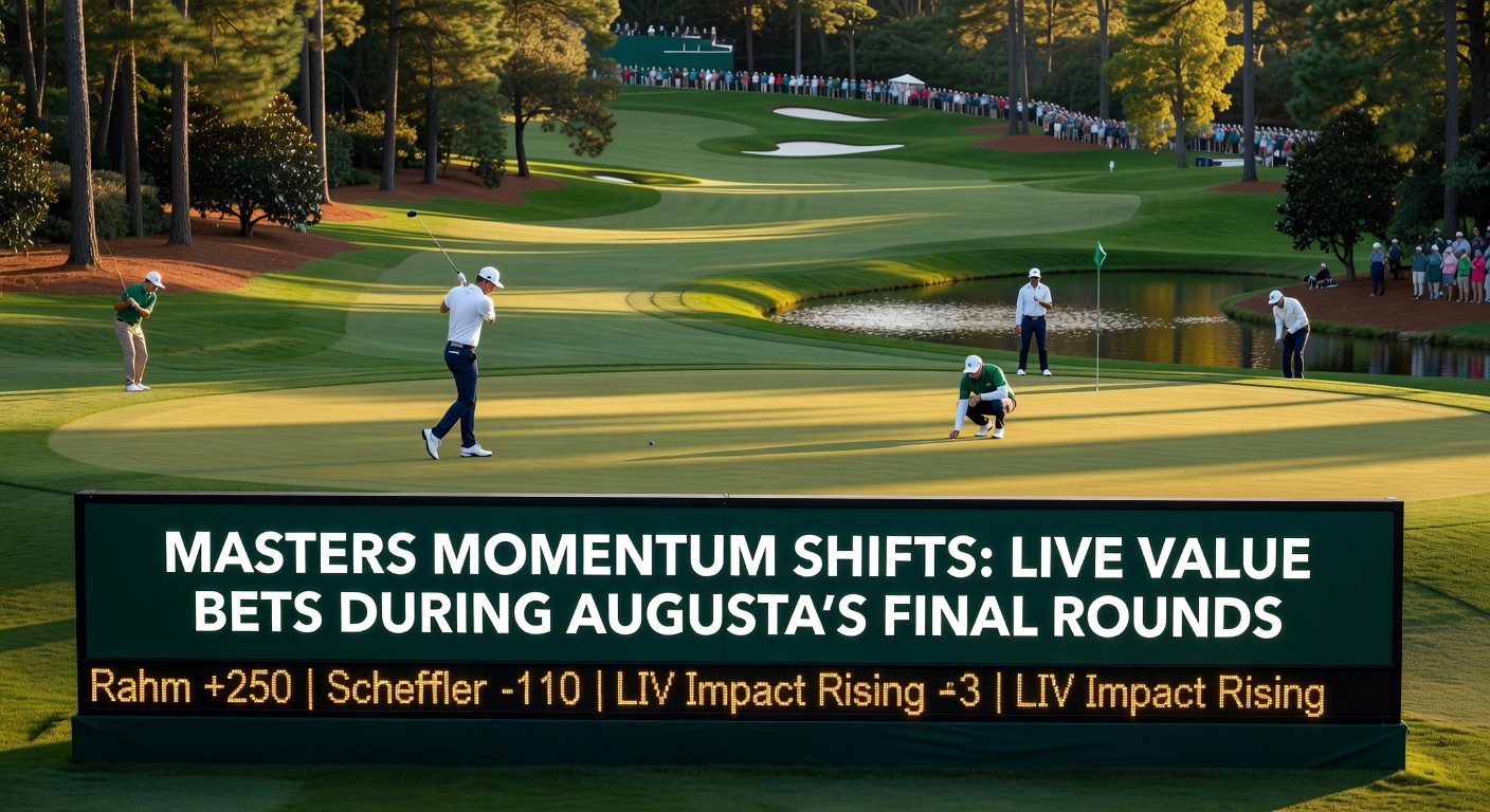 Dramatic view of Augusta National's 18th green during the final round of the Masters, with leaderboard showing sudden shifts in contention