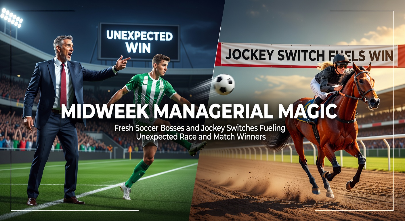 Soccer manager gesturing intensely from the sidelines while a jockey urges a horse forward in a tight race, capturing the high-stakes drama of sudden leadership changes
