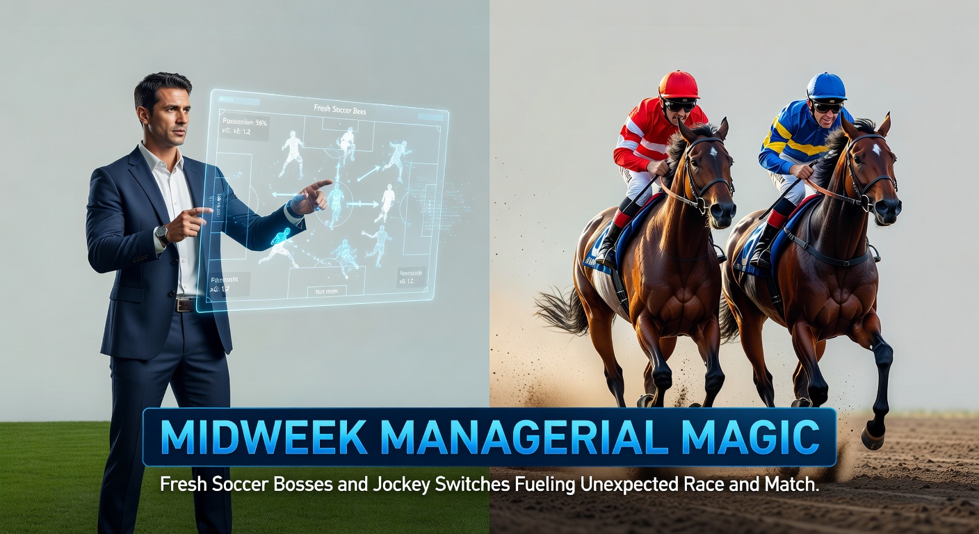 Close-up of a jubilant soccer team embracing their new manager after a shock win, juxtaposed with a jockey crossing the finish line ahead of the pack in a midweek race