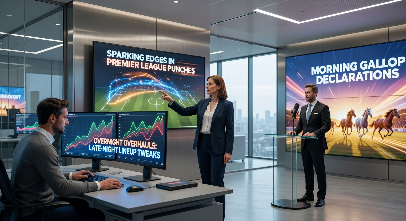 Premier League manager reviewing late-night lineup sheets under stadium lights, highlighting tactical shifts that alter match dynamics