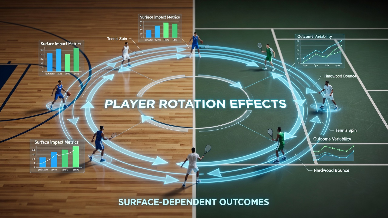 Tennis player adapting footwork on different court surfaces next to basketball substitution patterns chart