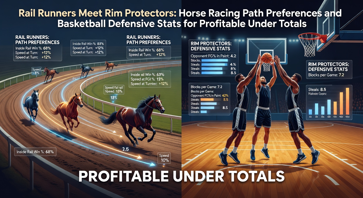 A horse hugging the rail in a tight flat race alongside a towering basketball center swatting away a layup attempt at the rim, illustrating path biases and defensive dominance