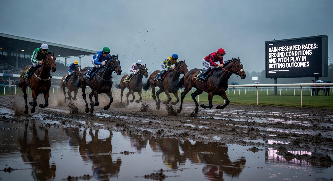 A horse racing track turned muddy after heavy rain, with jockeys navigating challenging ground conditions under a stormy sky