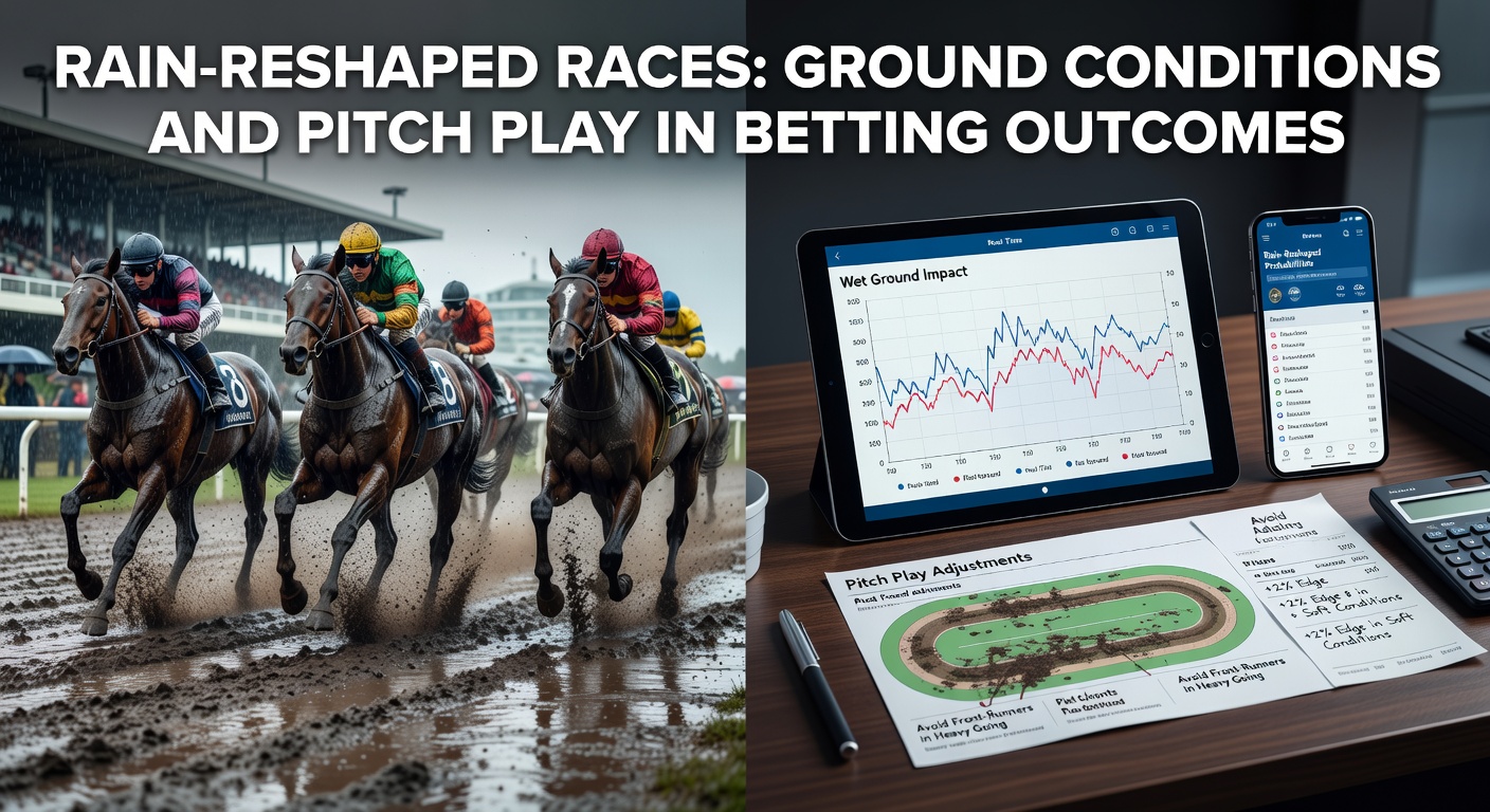 A Premier League football match on a rain-soaked pitch, players slipping as the ball holds up in puddles during a tense second-half moment