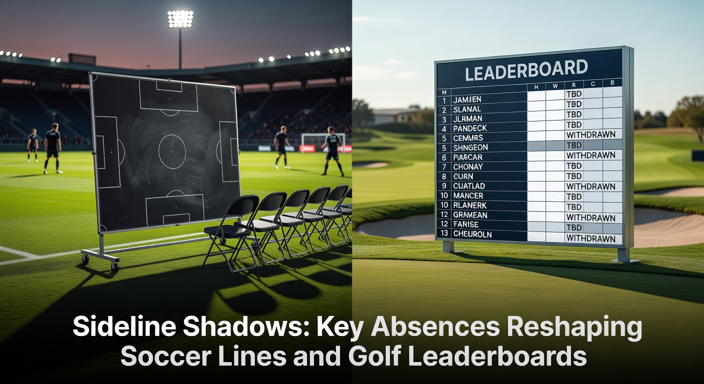 A soccer player sidelined by injury watches from the bench while a golf leaderboard displays shifting positions due to a key withdrawal, highlighting the impact of absences on competitions