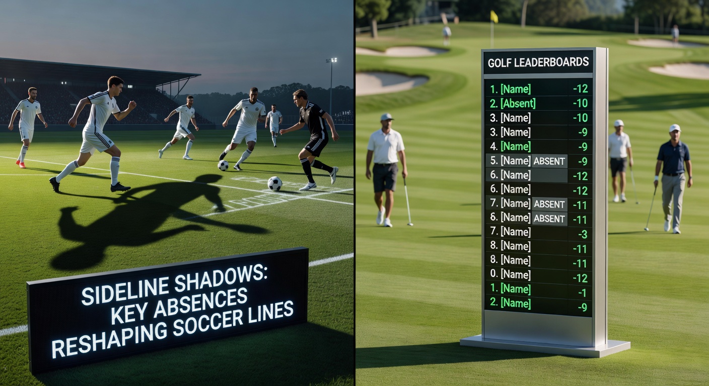 Golf leaderboard updating in real-time as a key contender withdraws, juxtaposed with a soccer team's adjusted formation sans star forward, illustrating betting line adjustments