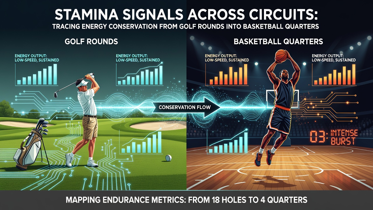 Data visualization of energy conservation metrics linking golf endurance to basketball performance quarters