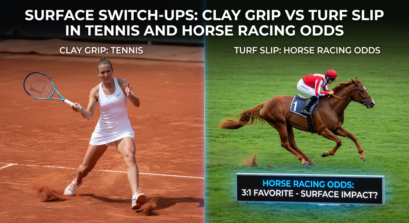 Tennis player executing a sliding topspin on red clay court beside a horse kicking up turf during a rainy race, highlighting surface contrasts