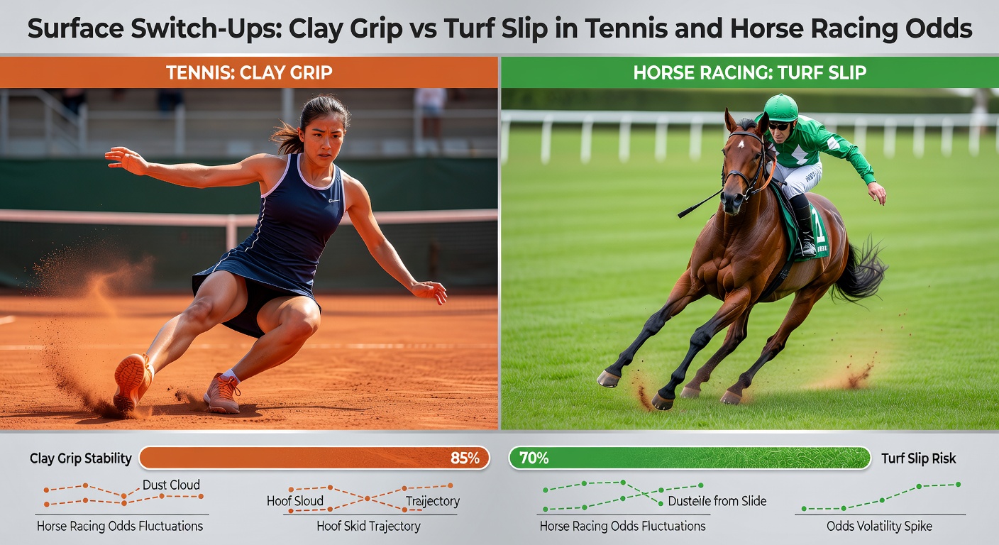 Close-up of tennis ball skidding on clay next to horse hooves sliding on wet turf track, illustrating grip versus slip dynamics