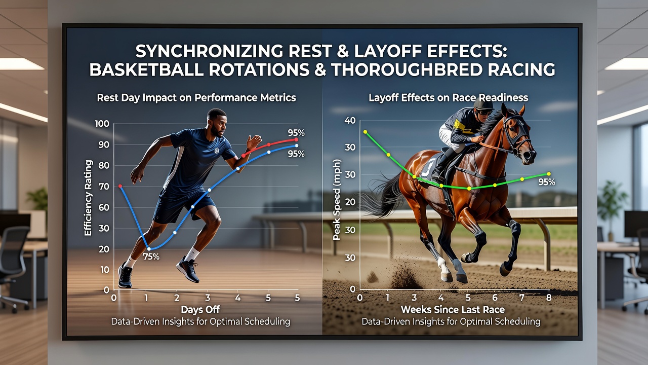 Data charts showing NBA rest day statistics next to thoroughbred layoff performance graphs