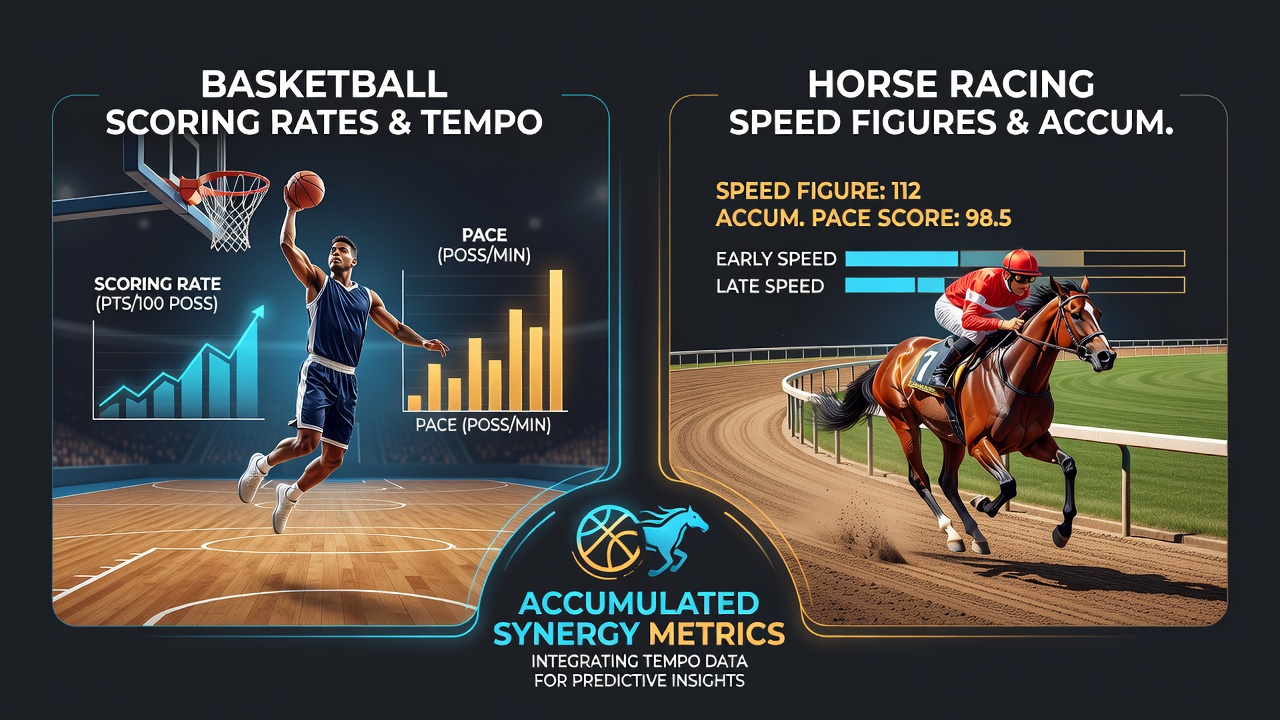 Data charts showing basketball pace statistics next to horse racing speed figure trends
