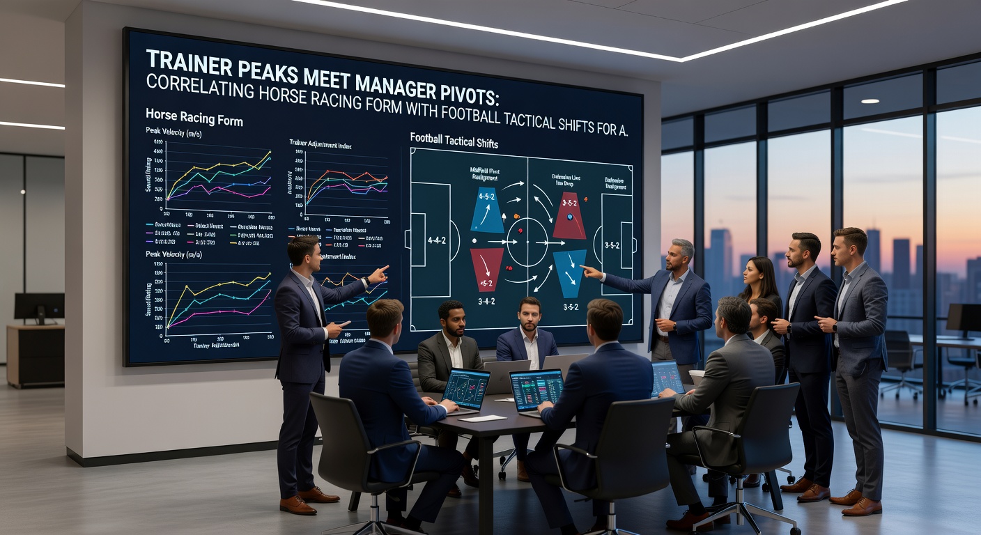 Infographic overlay of a horse racing trainer stats chart merged with football tactical formation shifts during a match