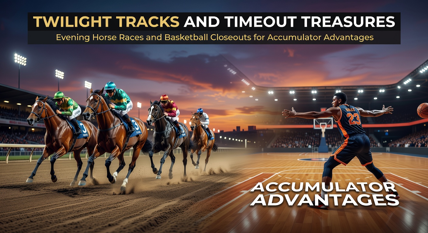 Floodlit horse racing track at dusk with runners charging toward the finish line under bright lights, capturing the intensity of twilight meetings