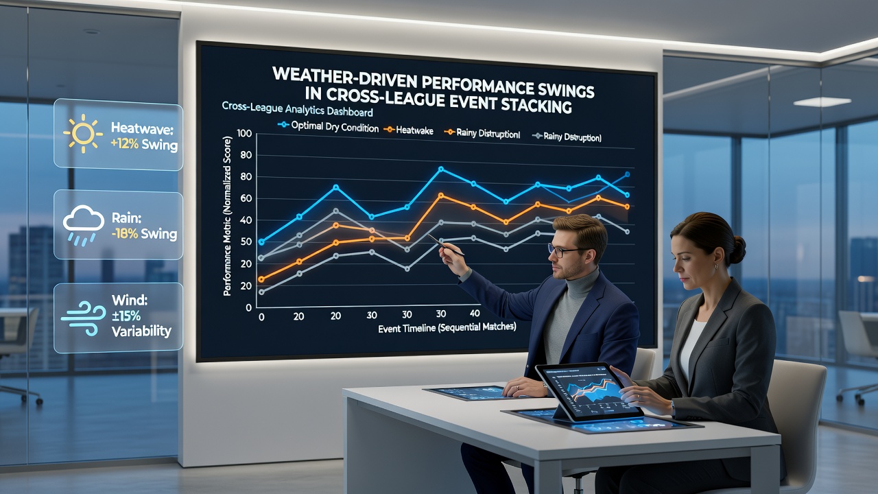Live weather monitoring tools and betting interfaces showing cross-league accumulator adjustments