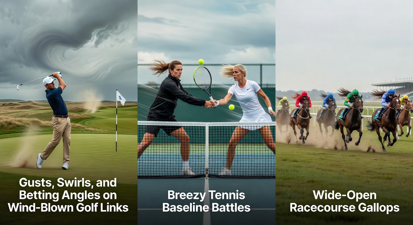 Aerial view of a windy golf course with players battling gusts, tennis court with swirling winds affecting serves, and horses charging on an open racecourse under blustery skies