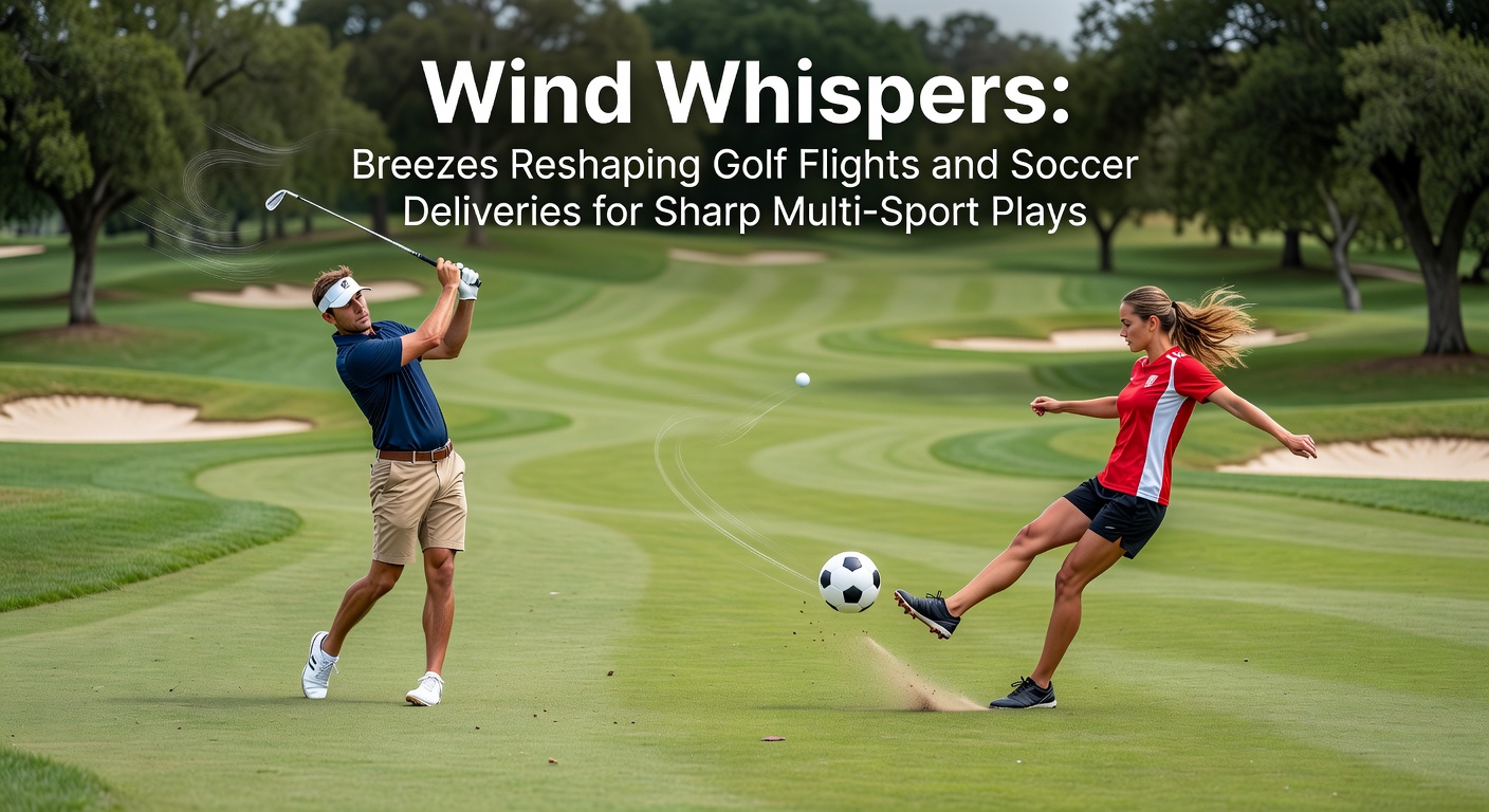 Golf ball soaring through windy skies over a fairway, with a soccer player preparing a cross on a blustery pitch in the background