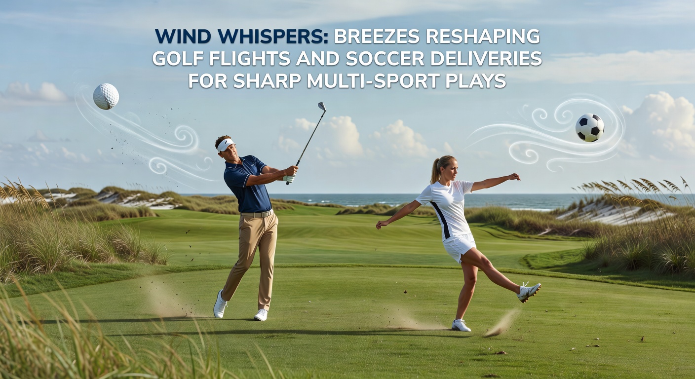 Soccer free kick curving dramatically in crosswinds, contrasted with a golfer adjusting stance against headwinds on a coastal course