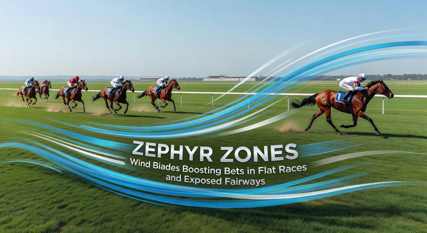 Wind sweeping across a flat race track, highlighting draw bias in action during a sunny afternoon sprint
